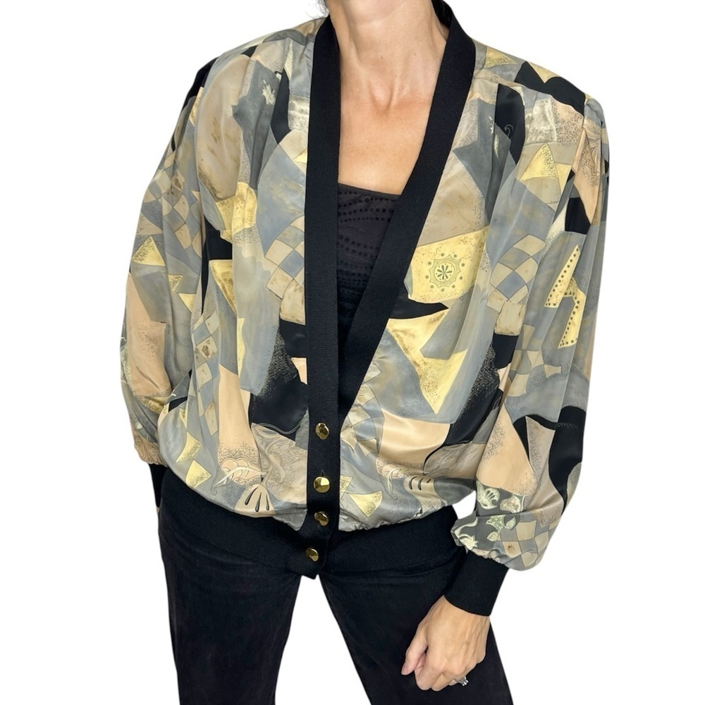 Vintage silky grey tan print cardigan blouse top jacket 38